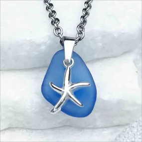 Cornflower Blue Sea Glass Pendant with Whimsical Sterling Silver Starfish | 5260