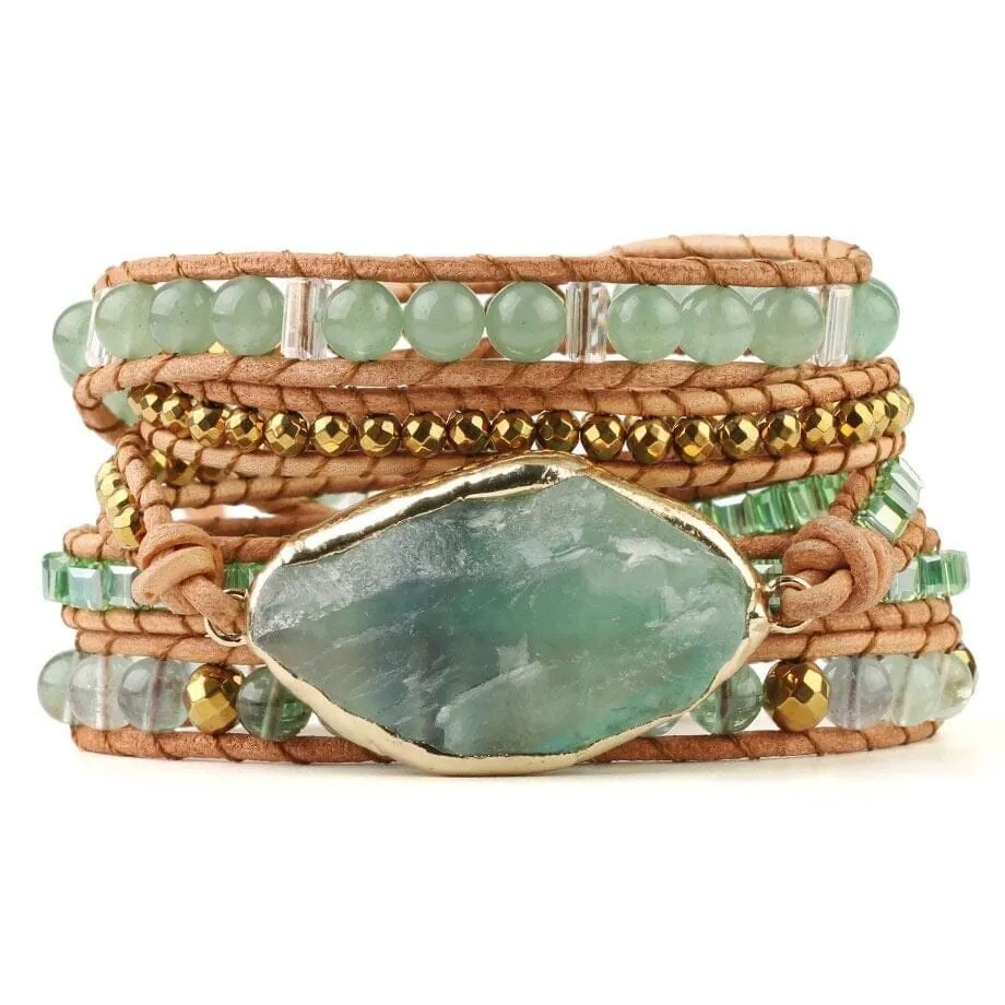 Crystal Aventurine Bead Leather Wrap Multilayer Bracelet