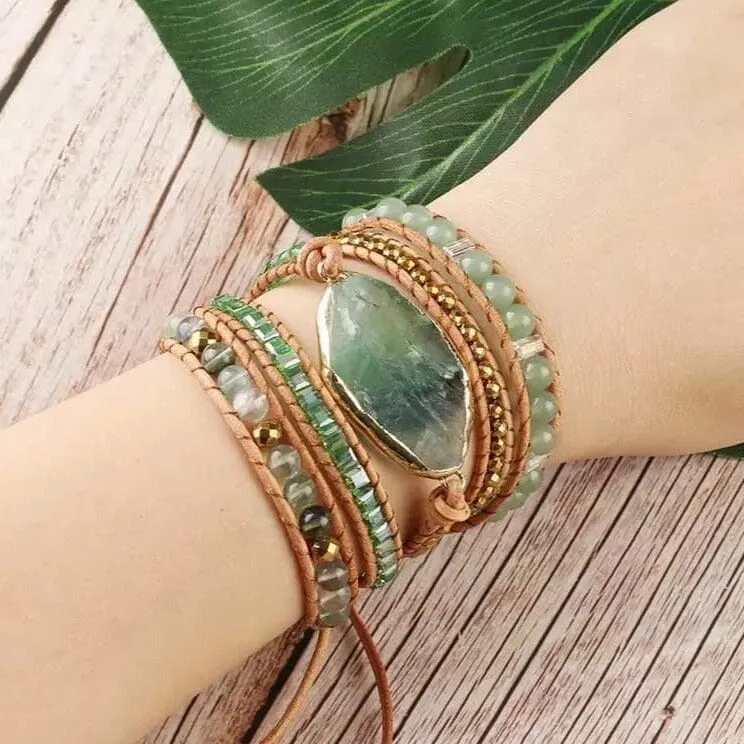 Crystal Aventurine Bead Leather Wrap Multilayer Bracelet