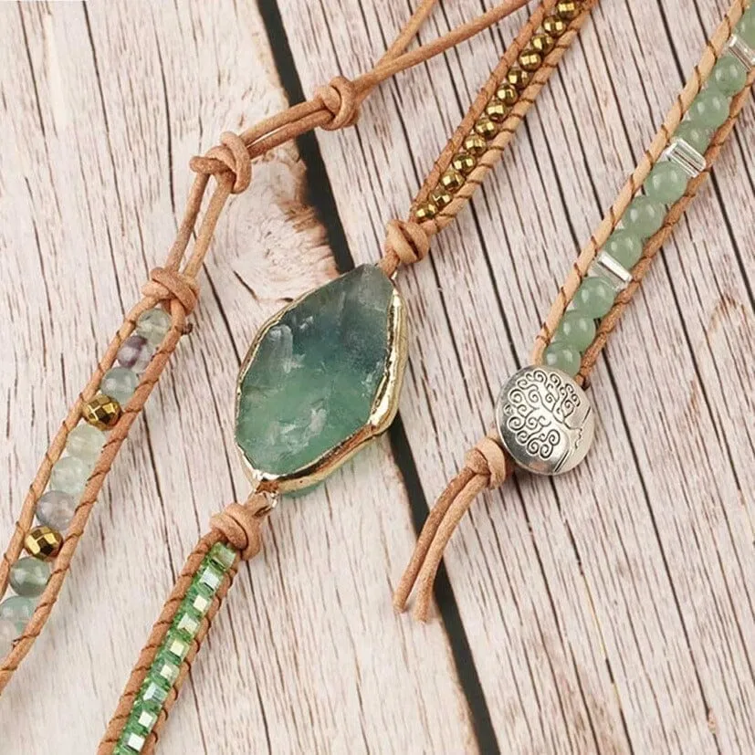 Crystal Aventurine Bead Leather Wrap Multilayer Bracelet