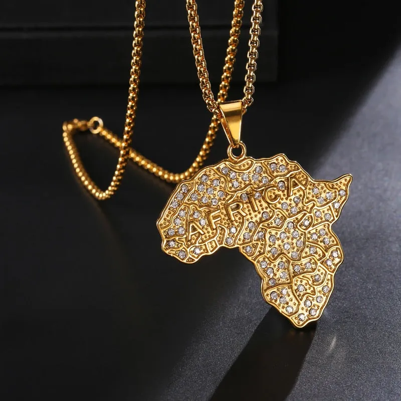 Cubic Zirconia Studded Africa Map Bling Stainless Steel Hip-hop Pendant Necklace