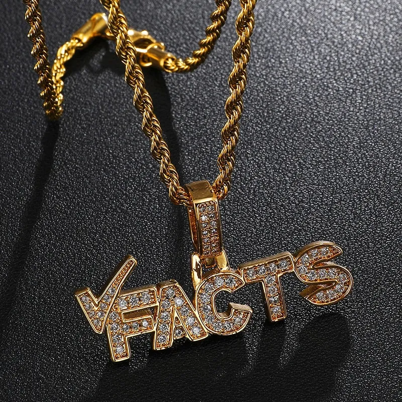 Cubic Zirconia Studded "Facts" Bling Hip-hop Pendant Necklace