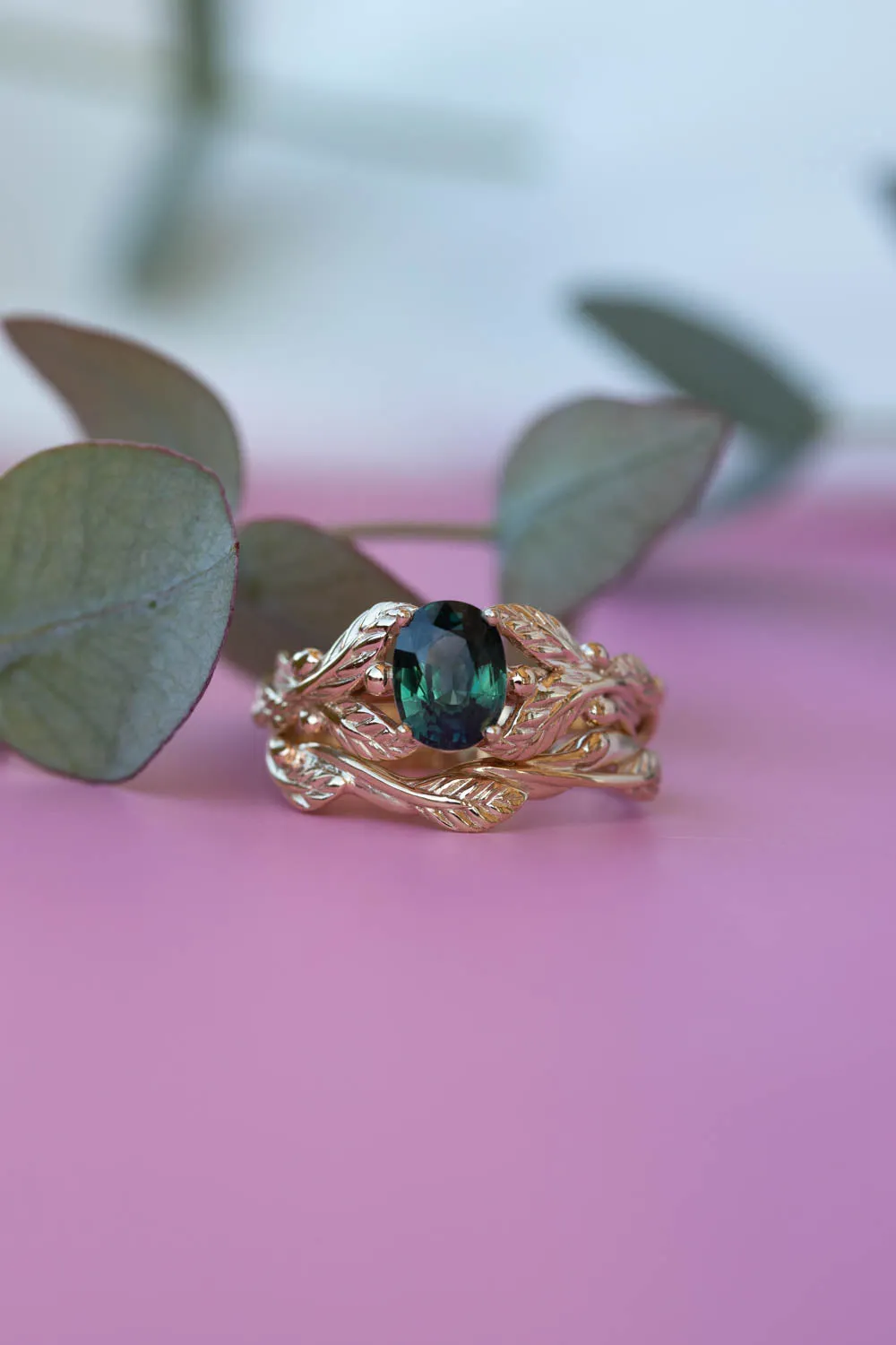 Dark teal sapphire bridal ring set, nature inspired gold engagement ring set / Cornus