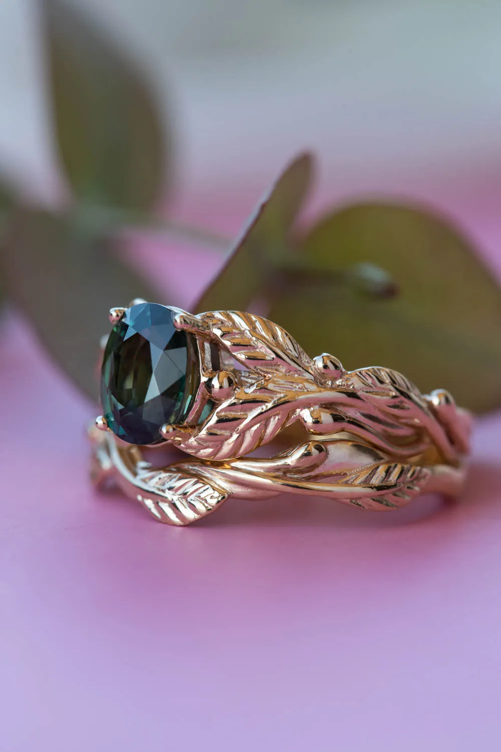 Dark teal sapphire bridal ring set, nature inspired gold engagement ring set / Cornus