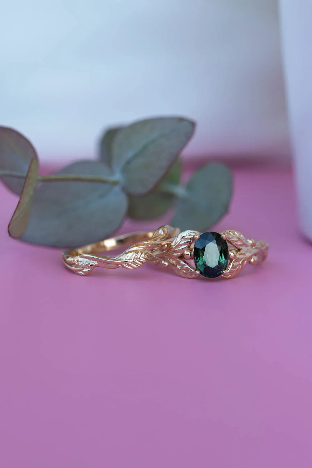 Dark teal sapphire bridal ring set, nature inspired gold engagement ring set / Cornus