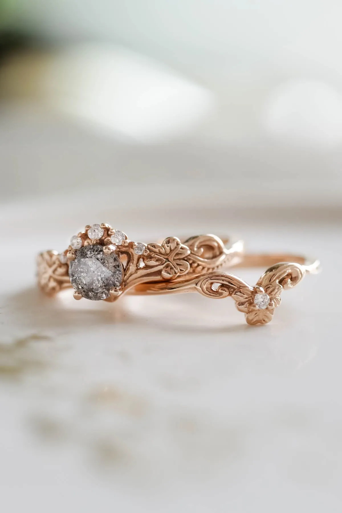 Elvish engagement ring with salt and pepper diamond / Horta