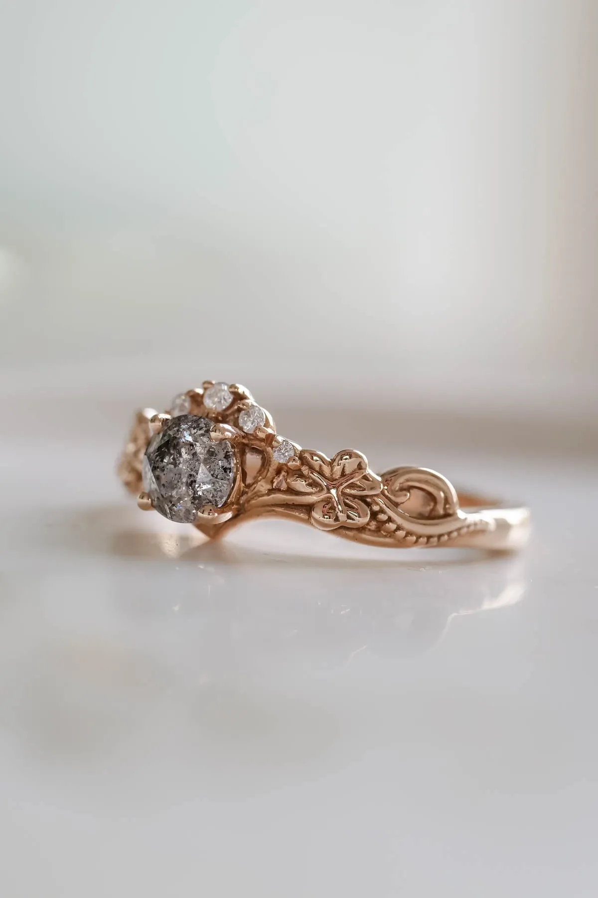 Elvish engagement ring with salt and pepper diamond / Horta