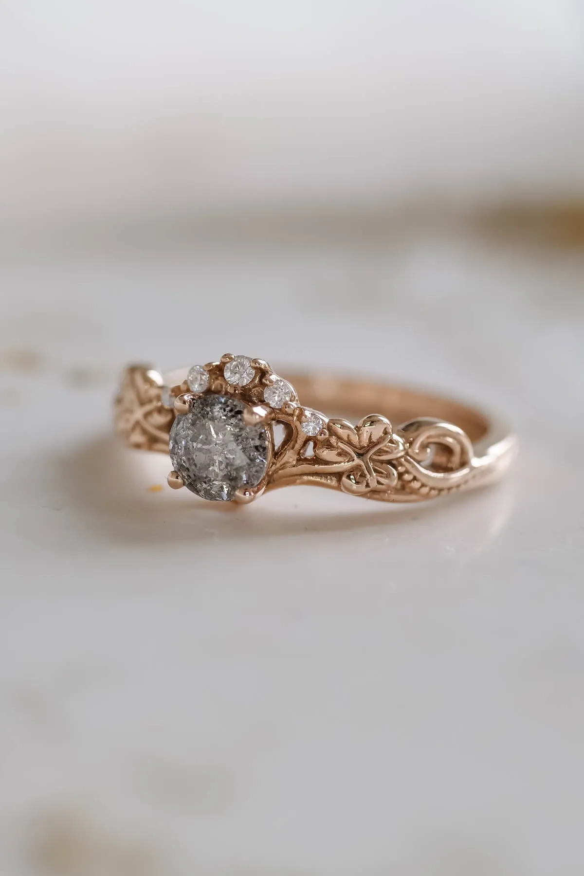 Elvish engagement ring with salt and pepper diamond / Horta