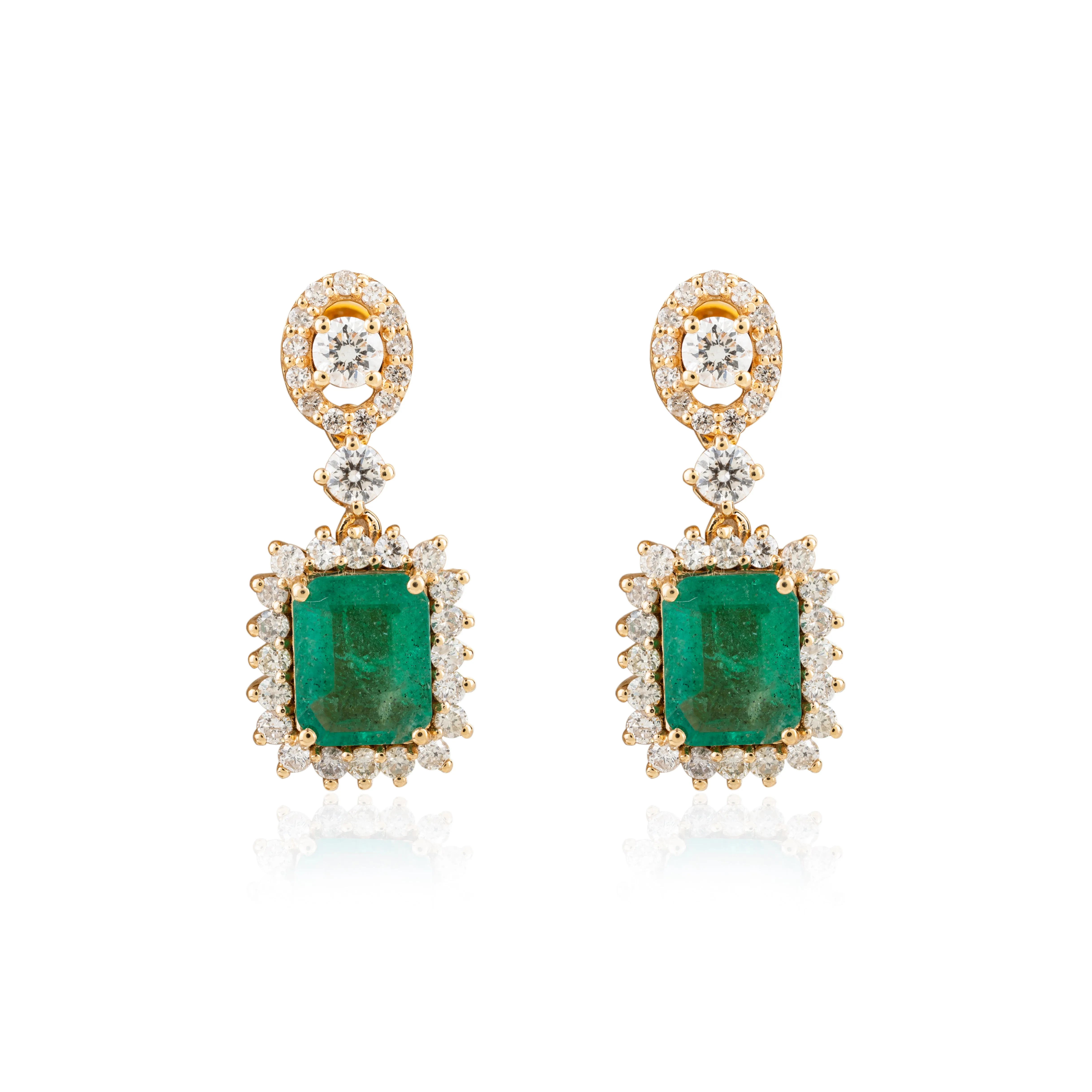 Emerald and Diamond Halo Dangle Earrings