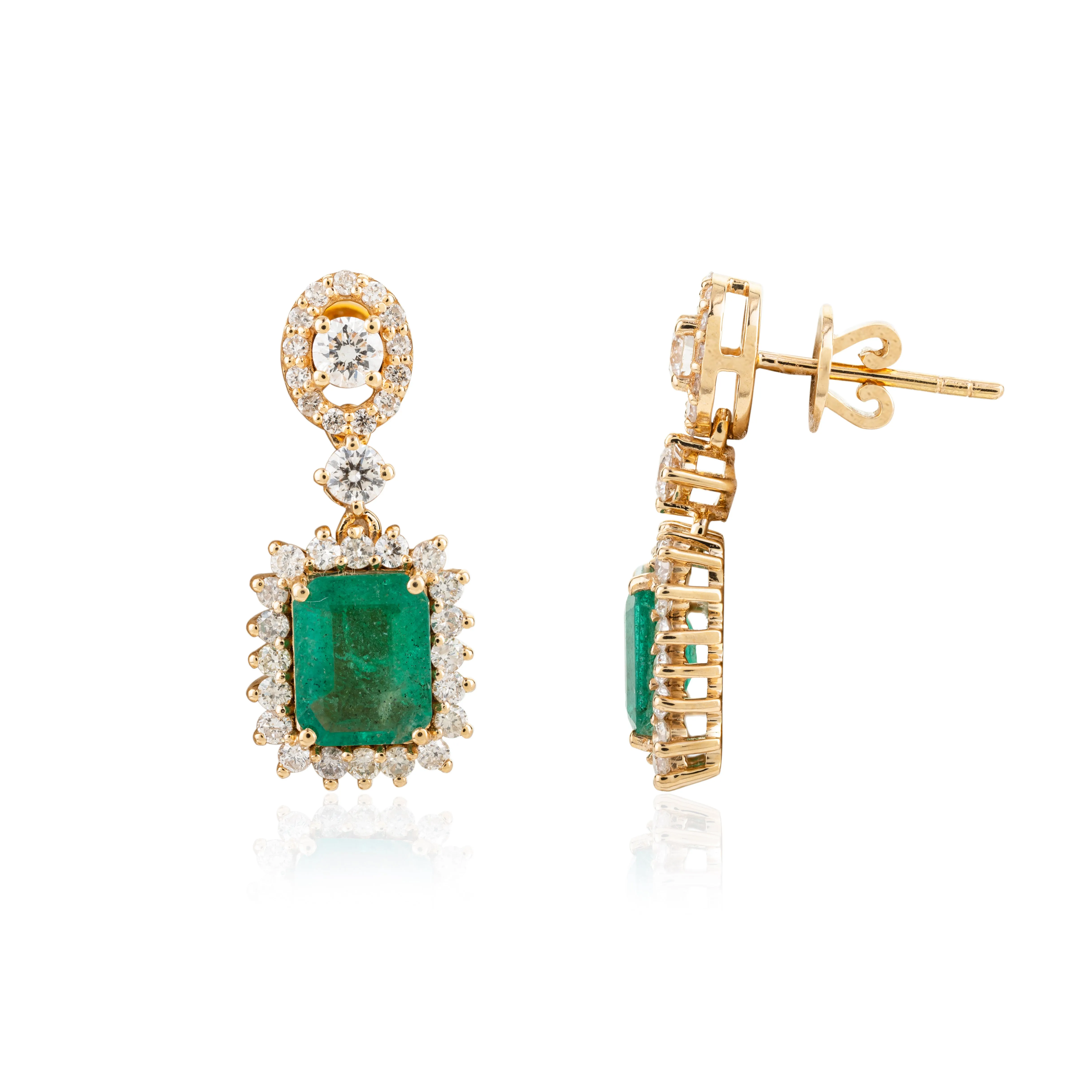 Emerald and Diamond Halo Dangle Earrings