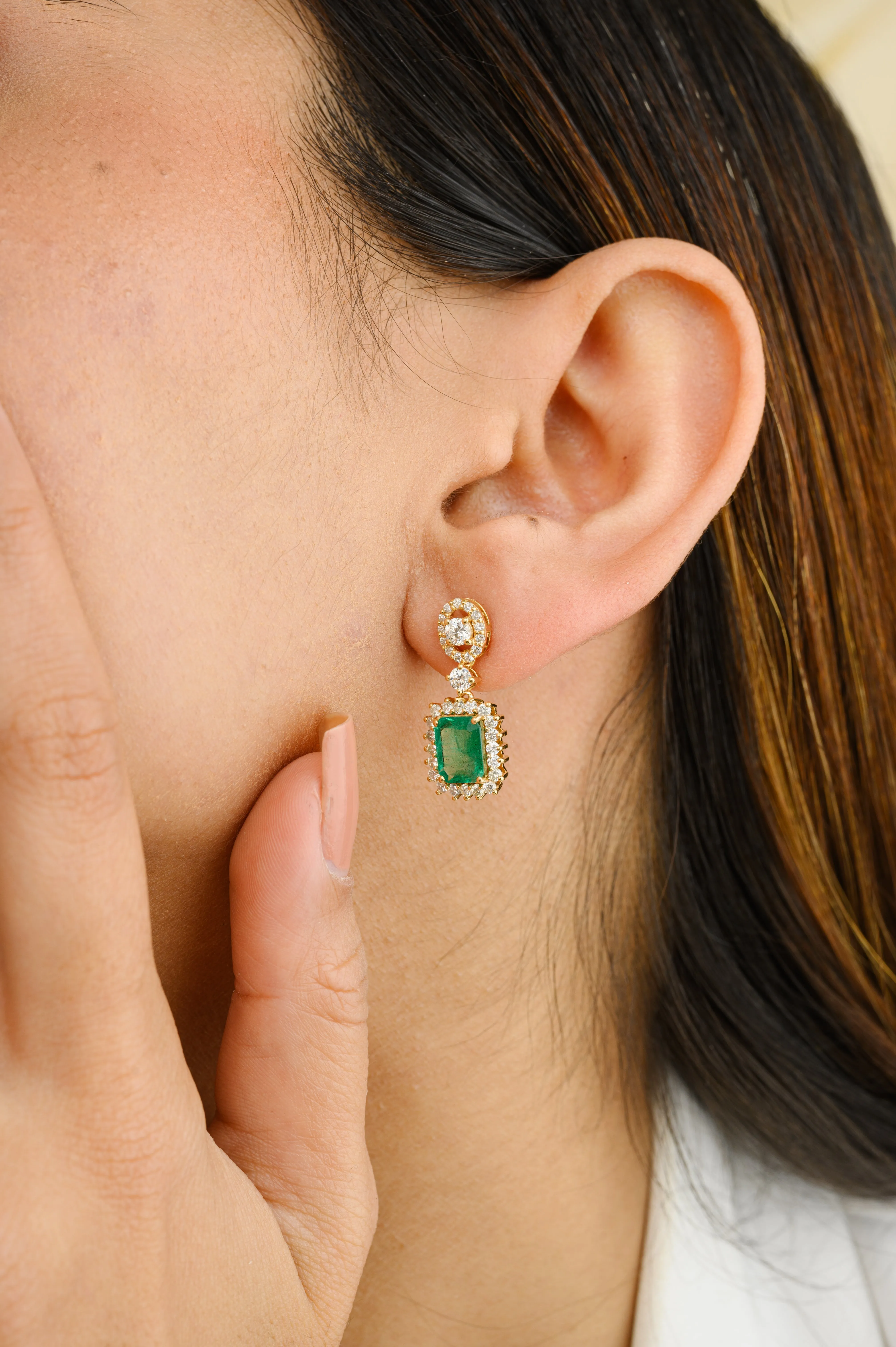 Emerald and Diamond Halo Dangle Earrings