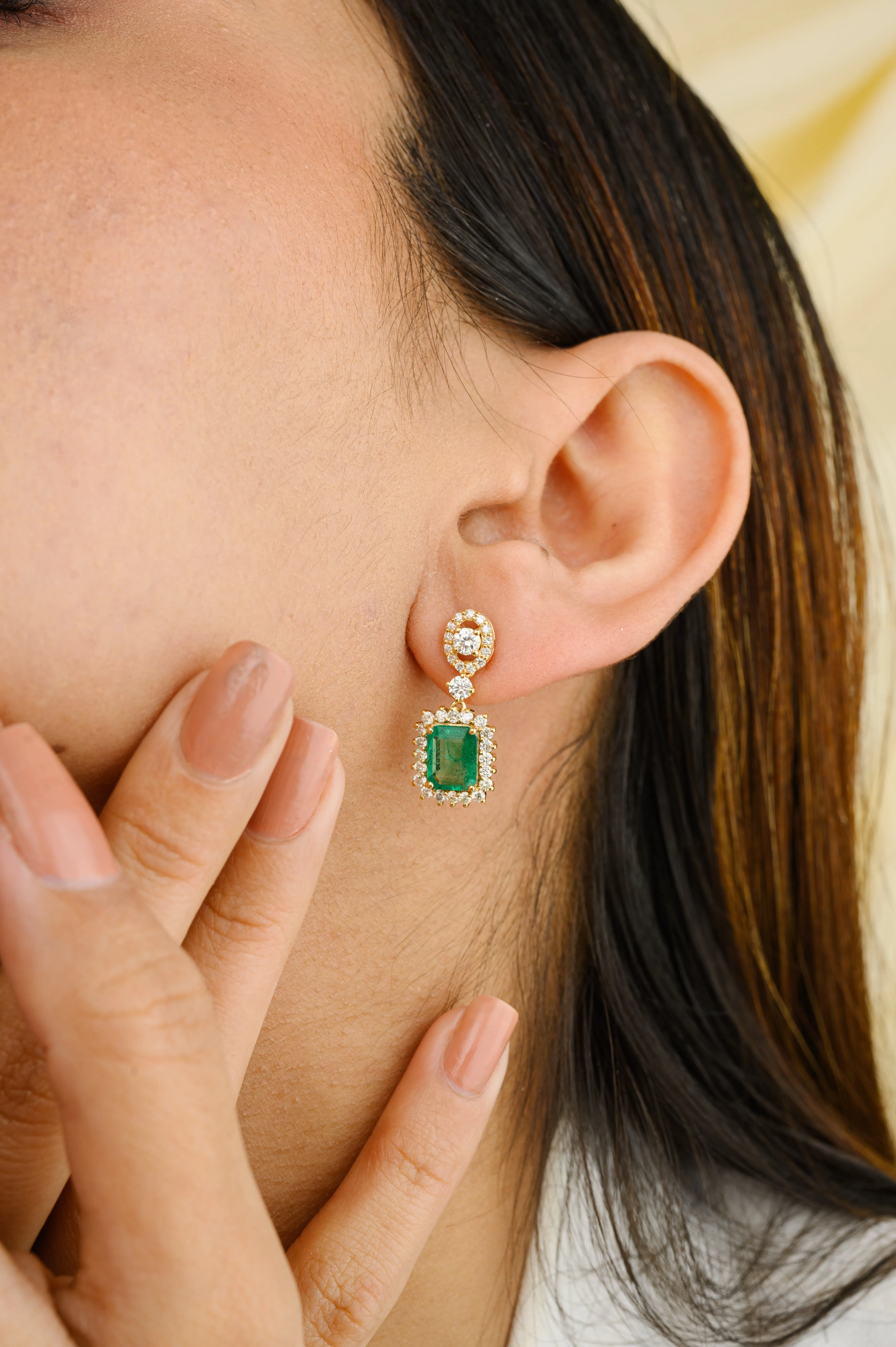 Emerald and Diamond Halo Dangle Earrings