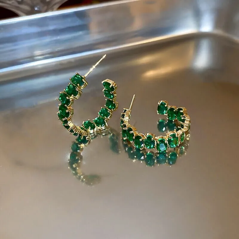 Emerald Zircon Hoop Gold Earrings