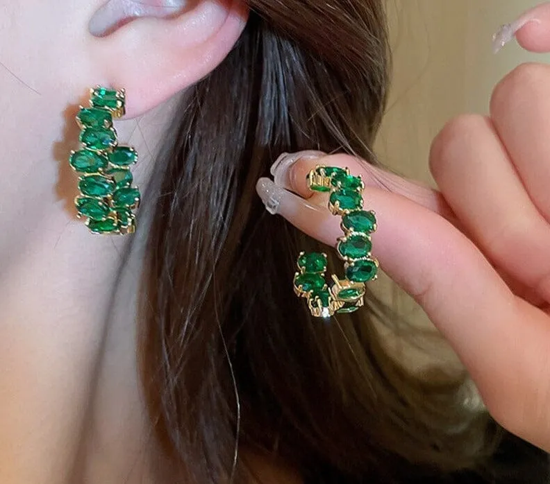 Emerald Zircon Hoop Gold Earrings