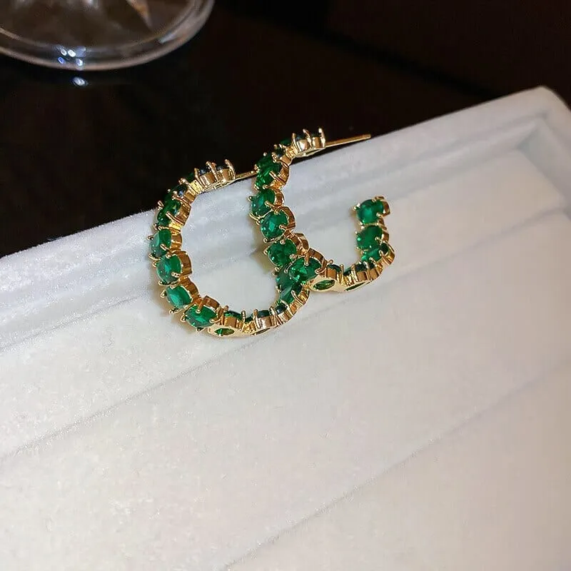 Emerald Zircon Hoop Gold Earrings