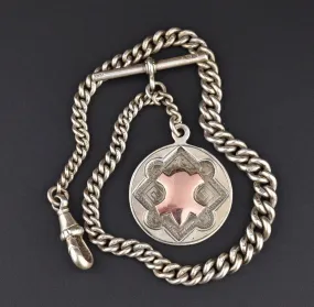 English Hallmarked Silver Albert Watch Chain and Rose Gold Fob