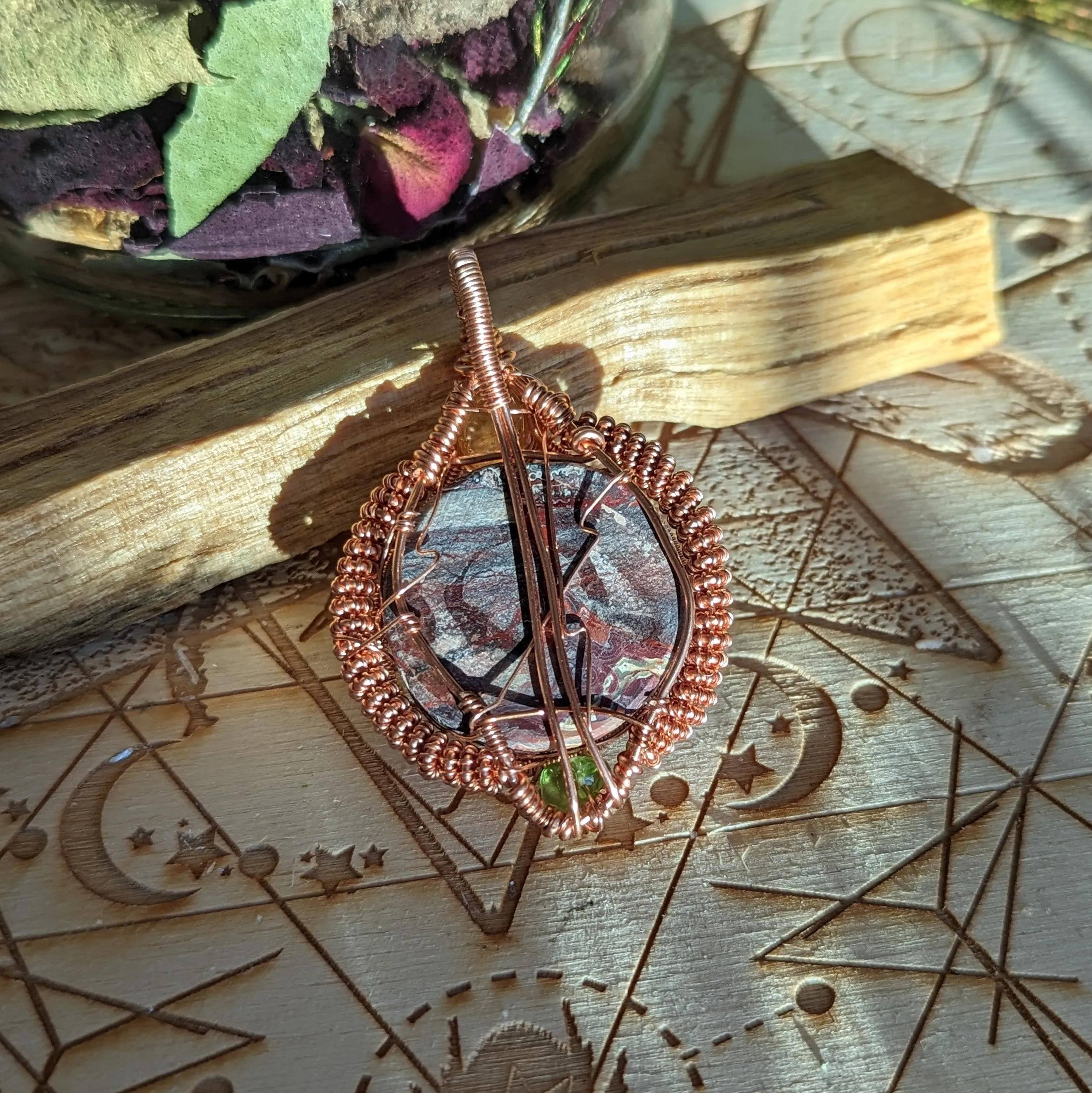 Exquisite Copper Wire Wrapped Crazy Lace Agate Pendant with Citrine and Peridot Accents