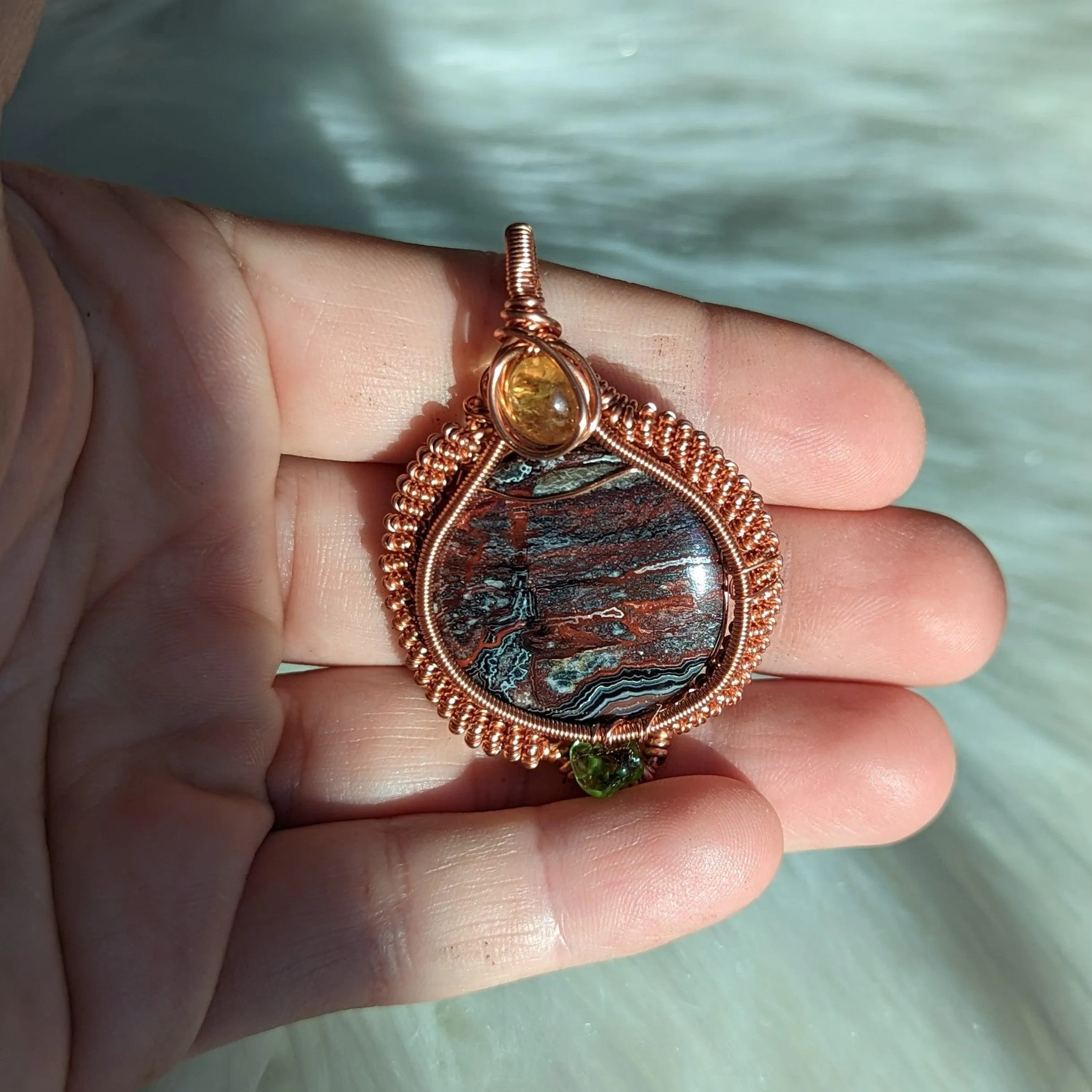 Exquisite Copper Wire Wrapped Crazy Lace Agate Pendant with Citrine and Peridot Accents