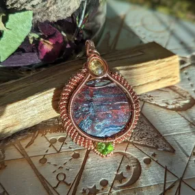 Exquisite Copper Wire Wrapped Crazy Lace Agate Pendant with Citrine and Peridot Accents