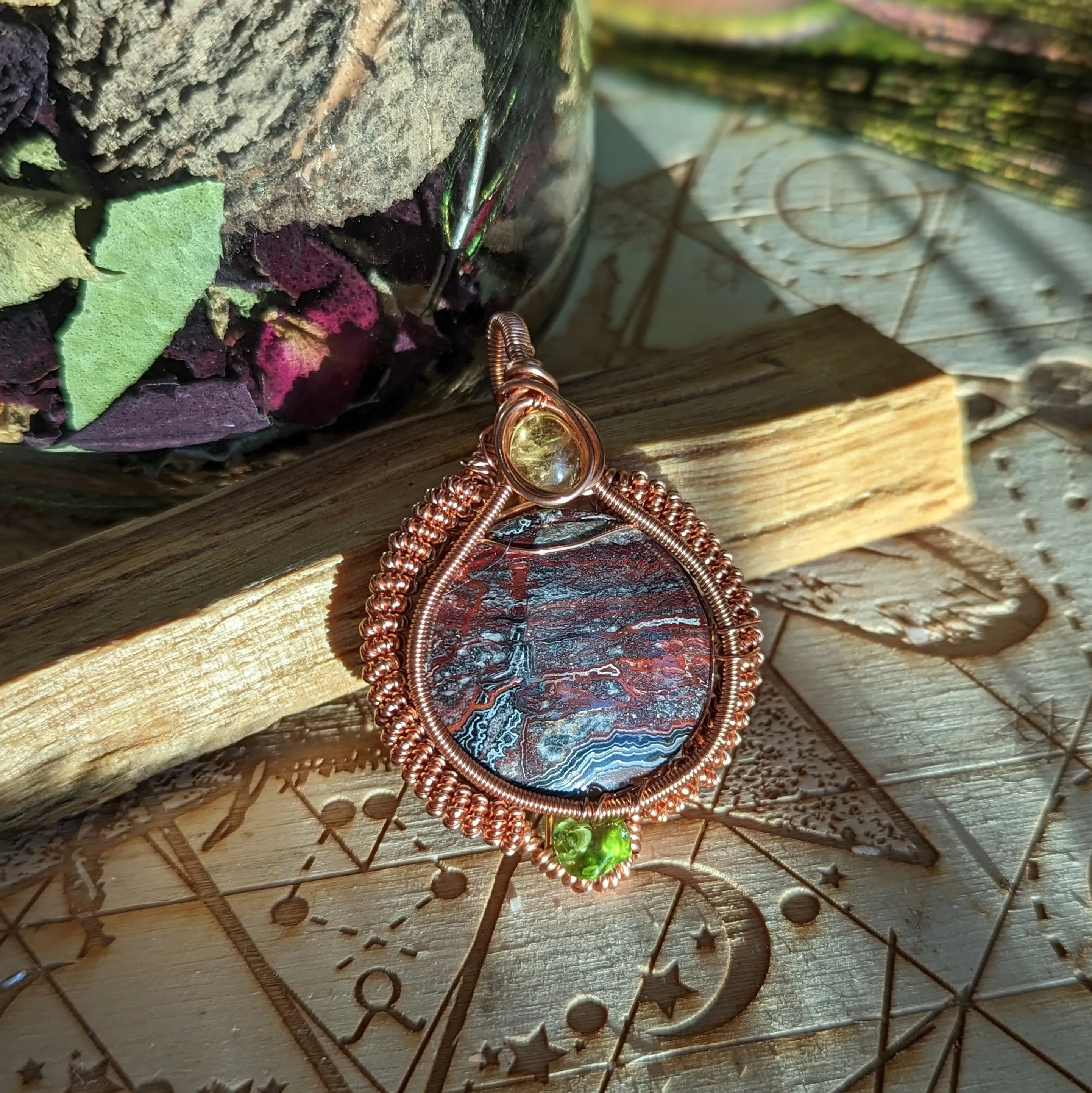 Exquisite Copper Wire Wrapped Crazy Lace Agate Pendant with Citrine and Peridot Accents