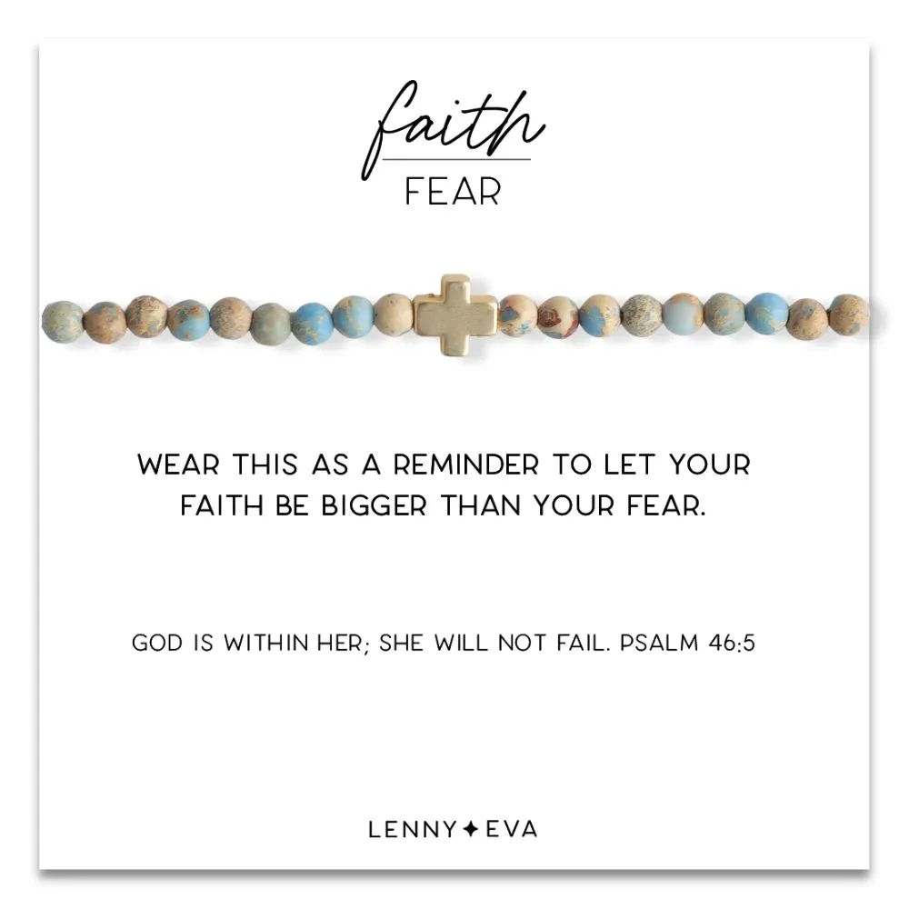 Gold Cross Faith Over Fear Bracelet in Blue Jasper