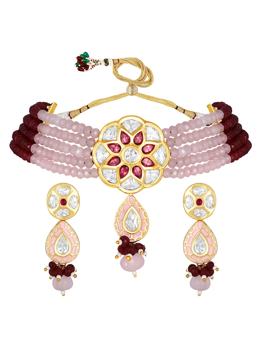 Gold Plated Kundan Necklace with Onyx and Agate