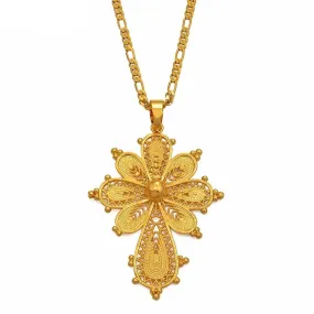 Golden Ethiopian Cross Pendant Chain Necklace