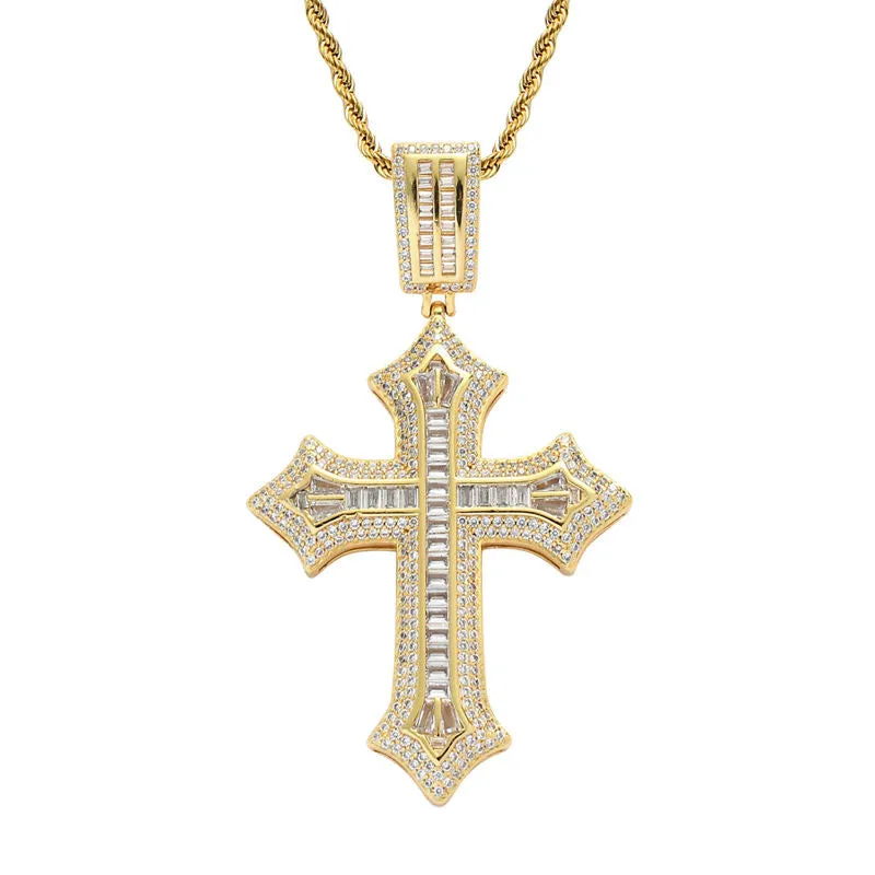 Iced Out Baguette Cut CZ Cross Pendant - Gold