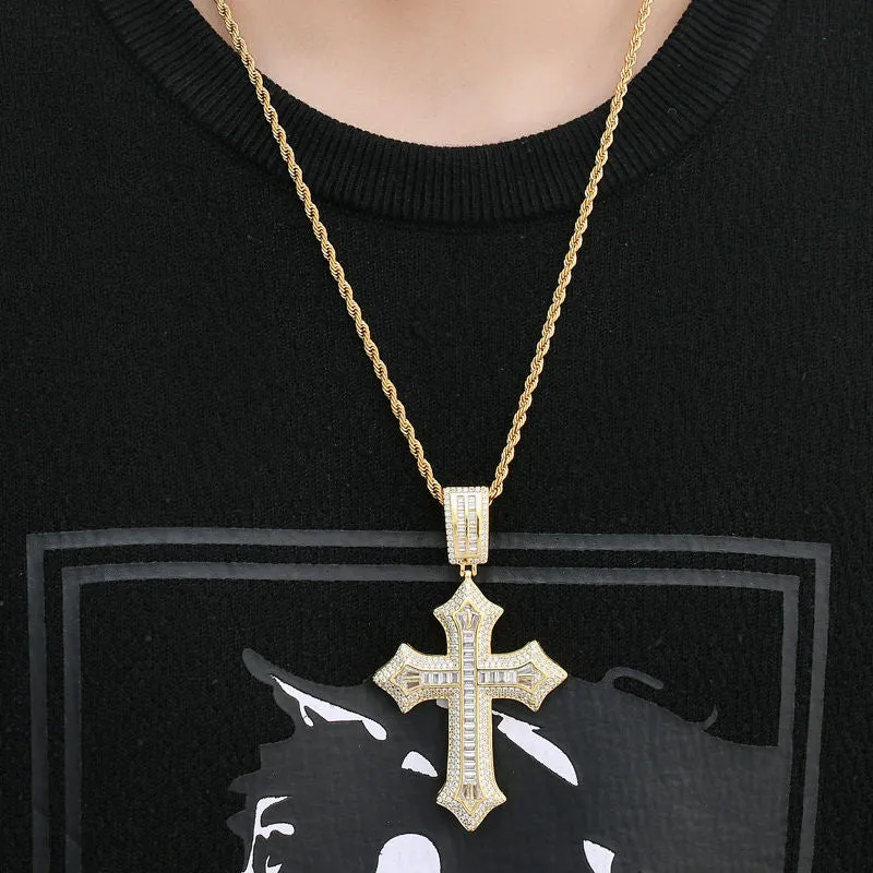 Iced Out Baguette Cut CZ Cross Pendant - Gold