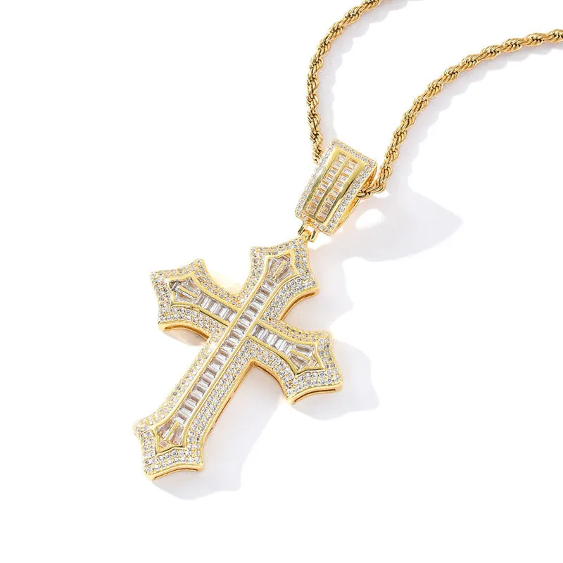 Iced Out Baguette Cut CZ Cross Pendant - Gold