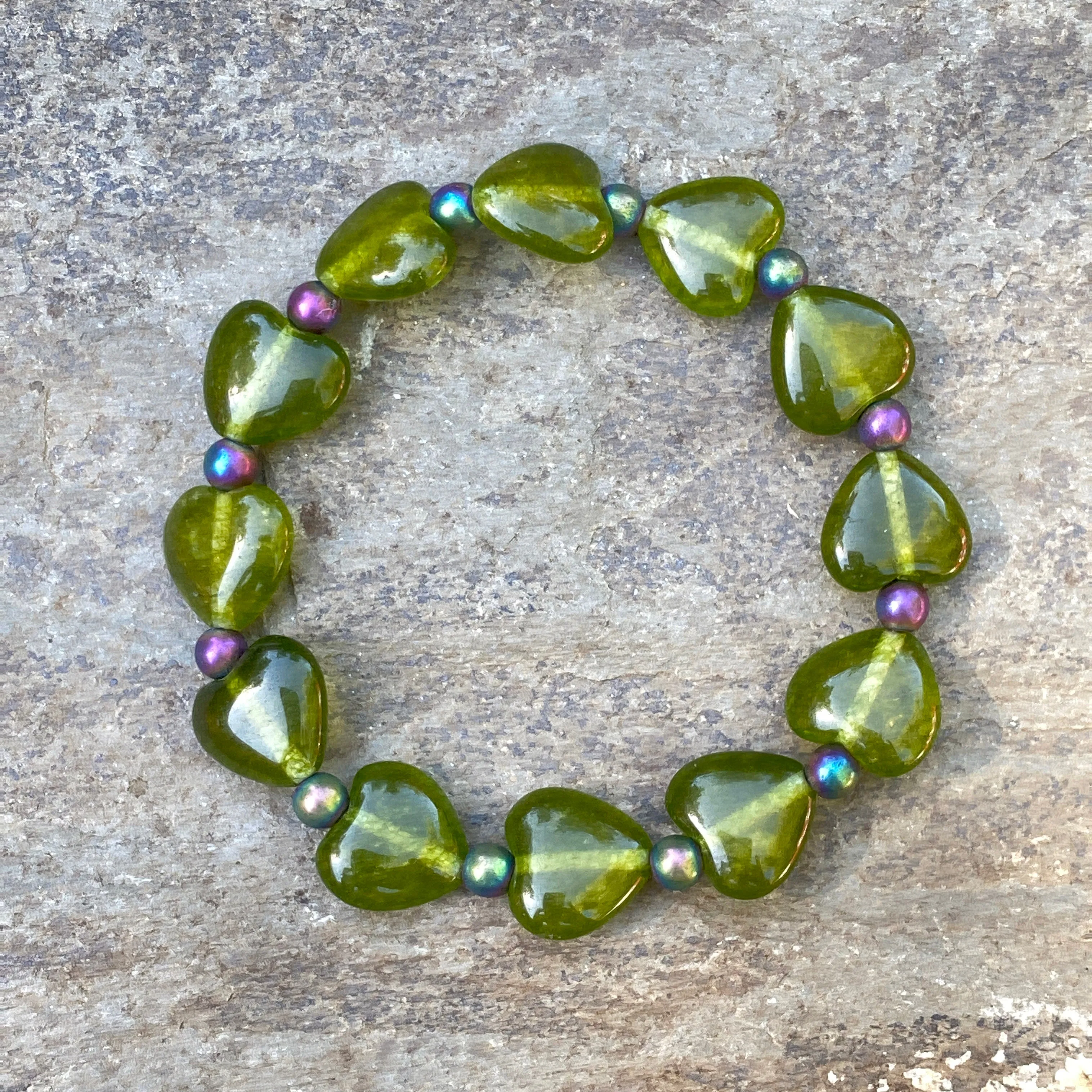 Jade Gemstone Hearts and Hematite Gemstone Bracelets