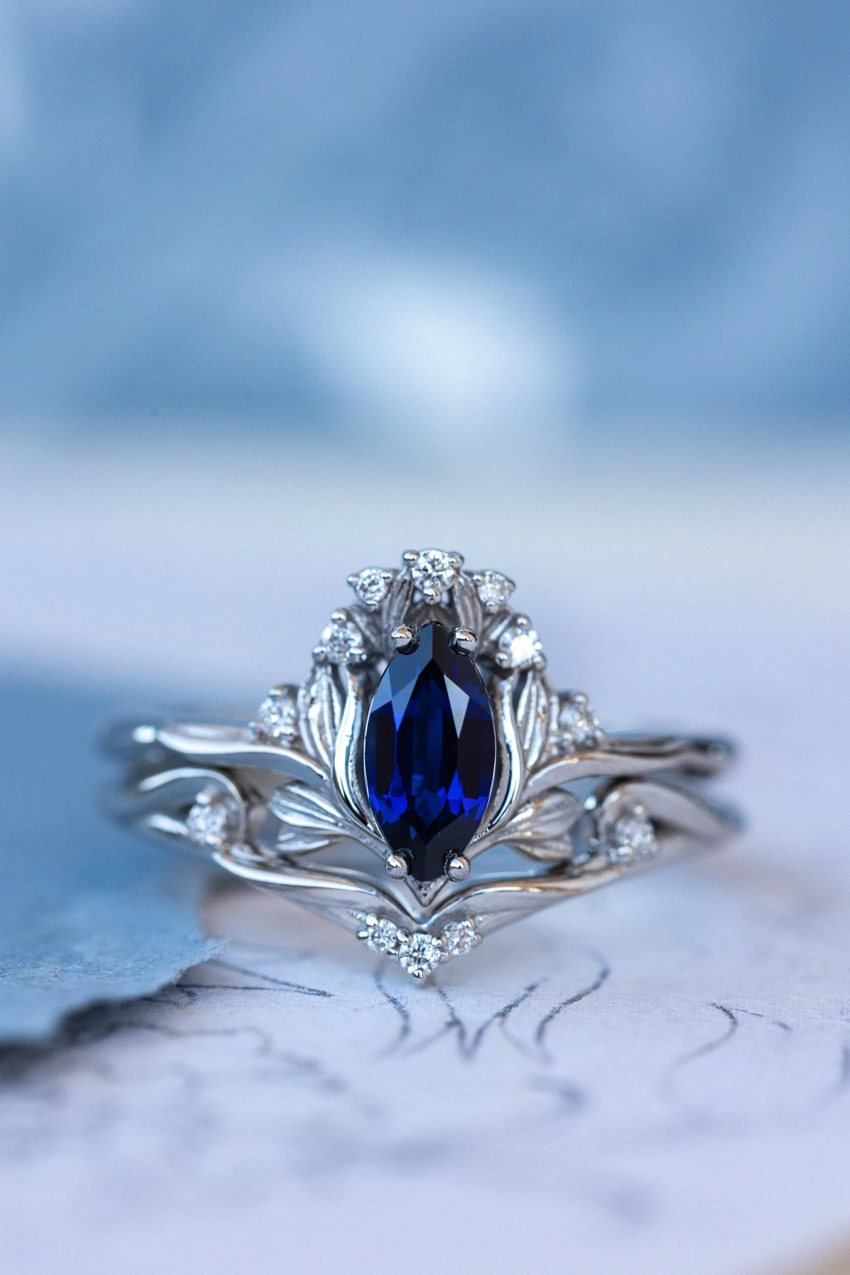 Lab blue sapphire engagement ring, iris flower gold ring with sapphire and diamonds / Iris