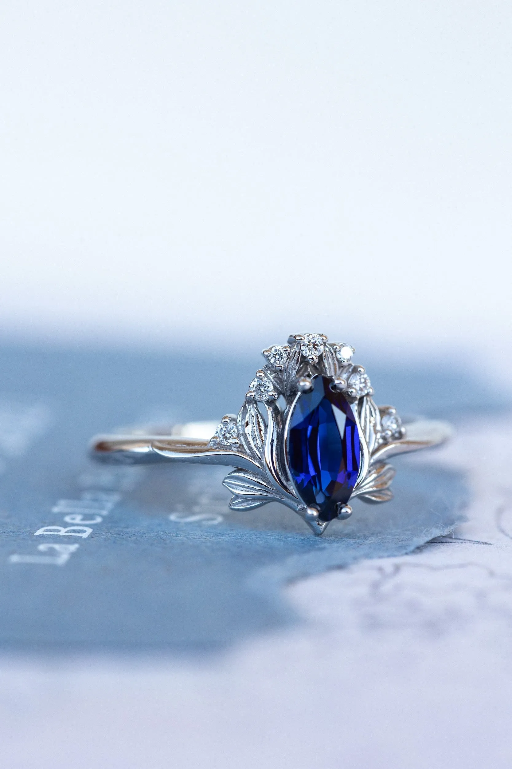 Lab blue sapphire engagement ring, iris flower gold ring with sapphire and diamonds / Iris