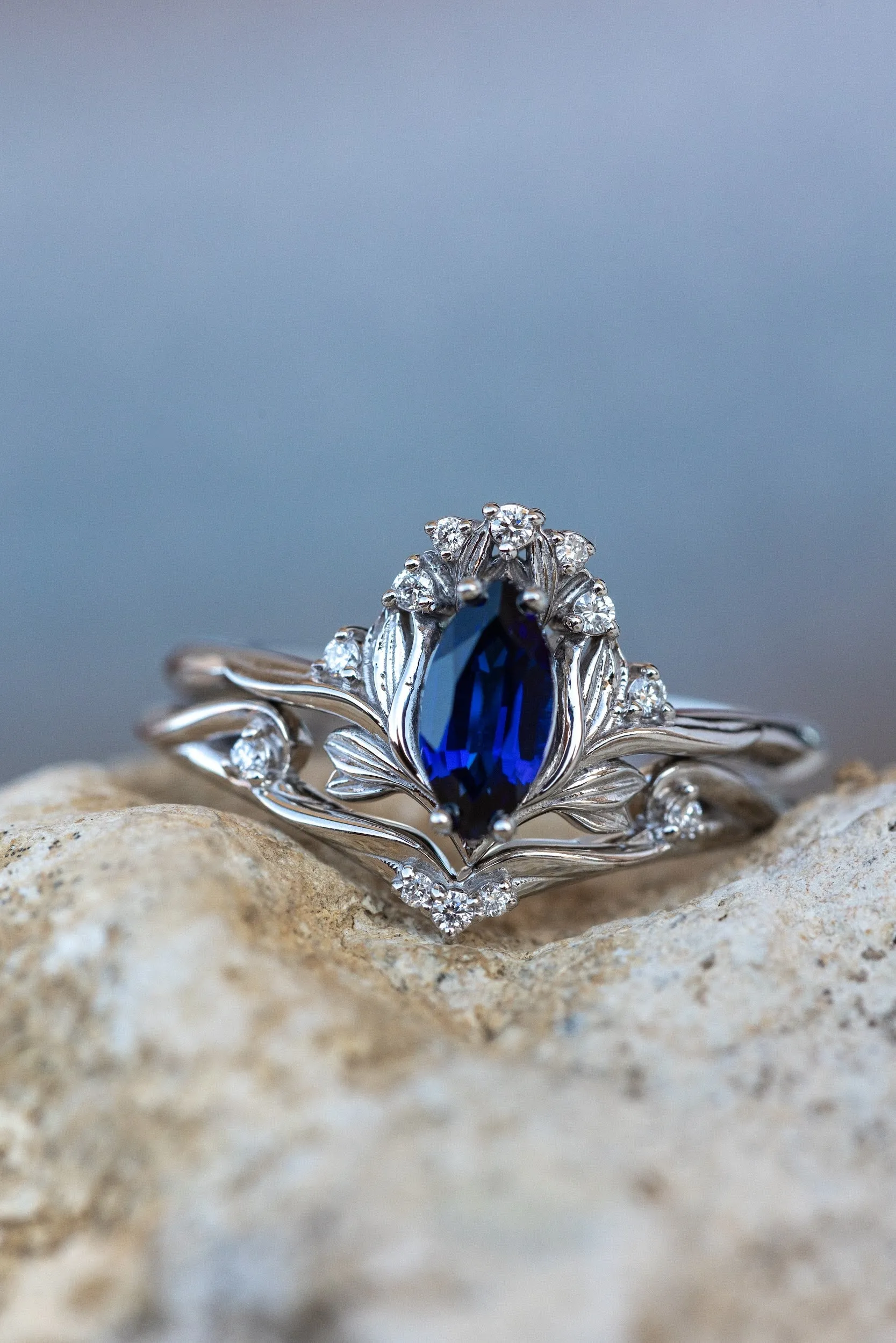 Lab blue sapphire engagement ring, iris flower gold ring with sapphire and diamonds / Iris