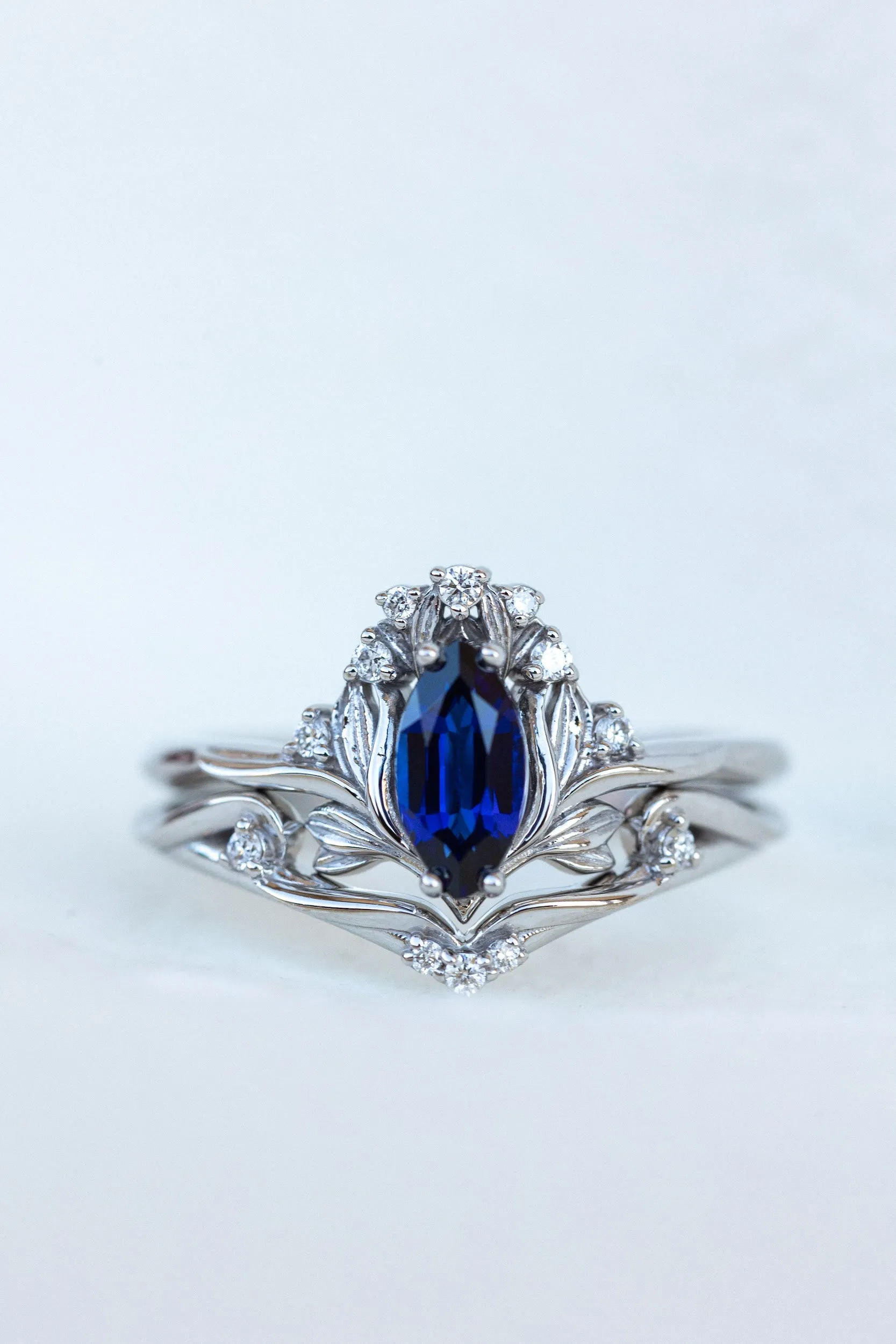 Lab blue sapphire engagement ring, iris flower gold ring with sapphire and diamonds / Iris