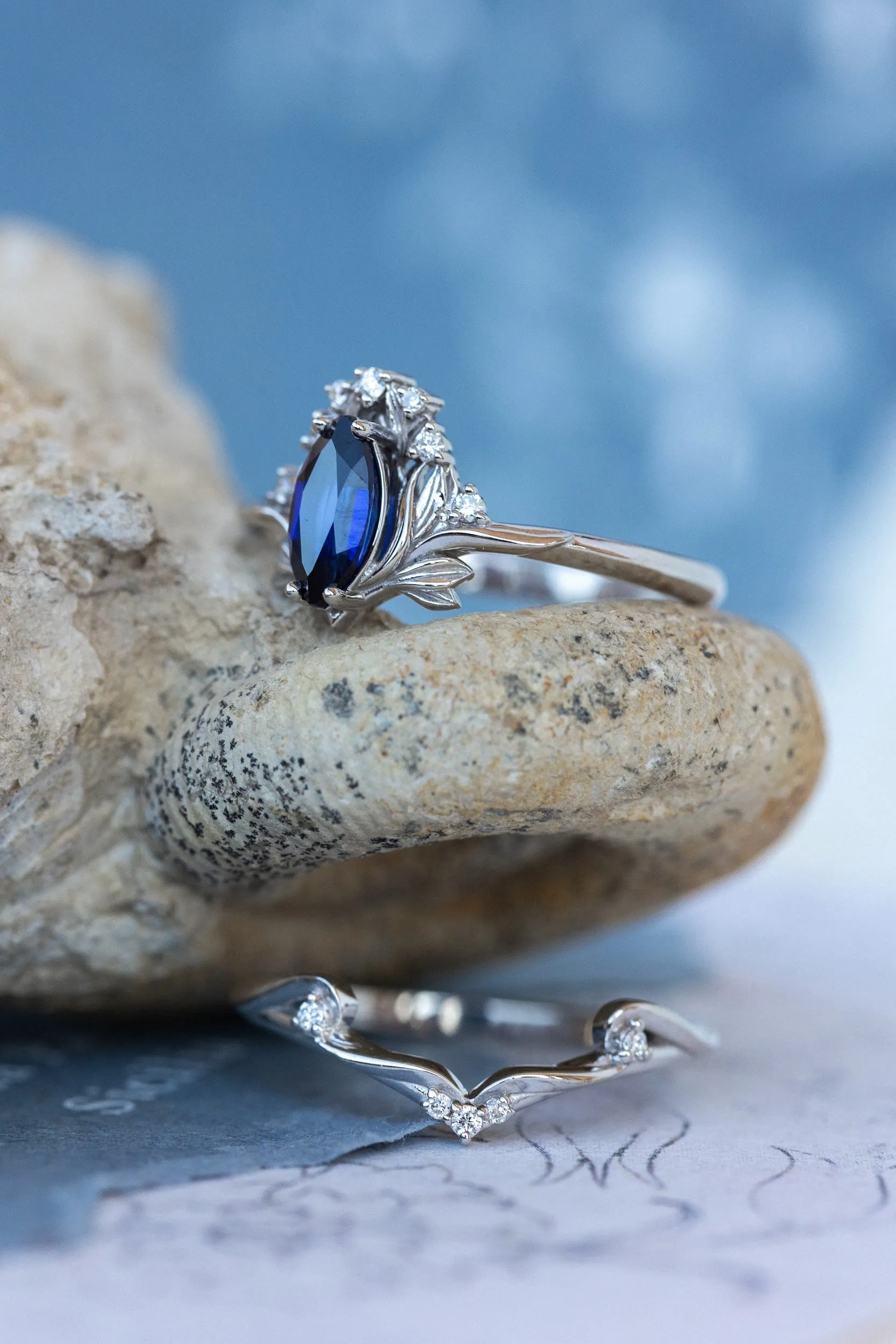 Lab blue sapphire engagement ring, iris flower gold ring with sapphire and diamonds / Iris