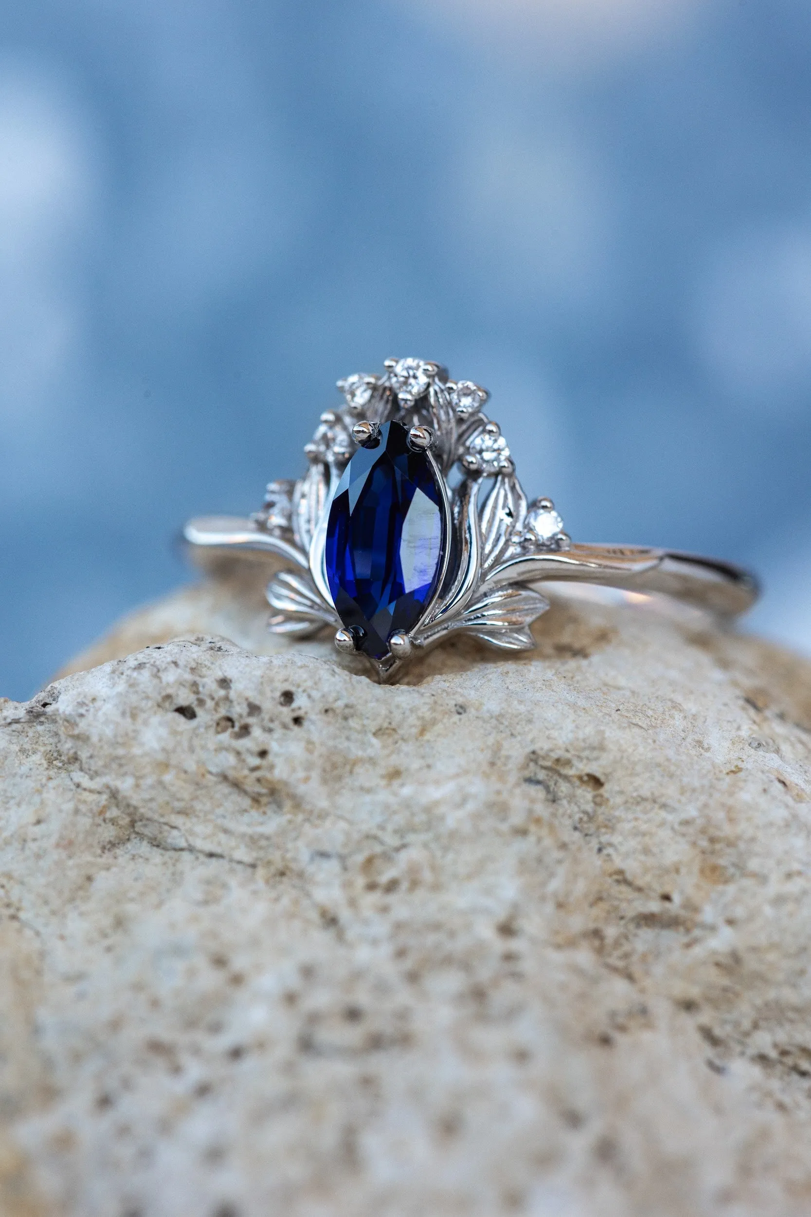 Lab blue sapphire engagement ring, iris flower gold ring with sapphire and diamonds / Iris