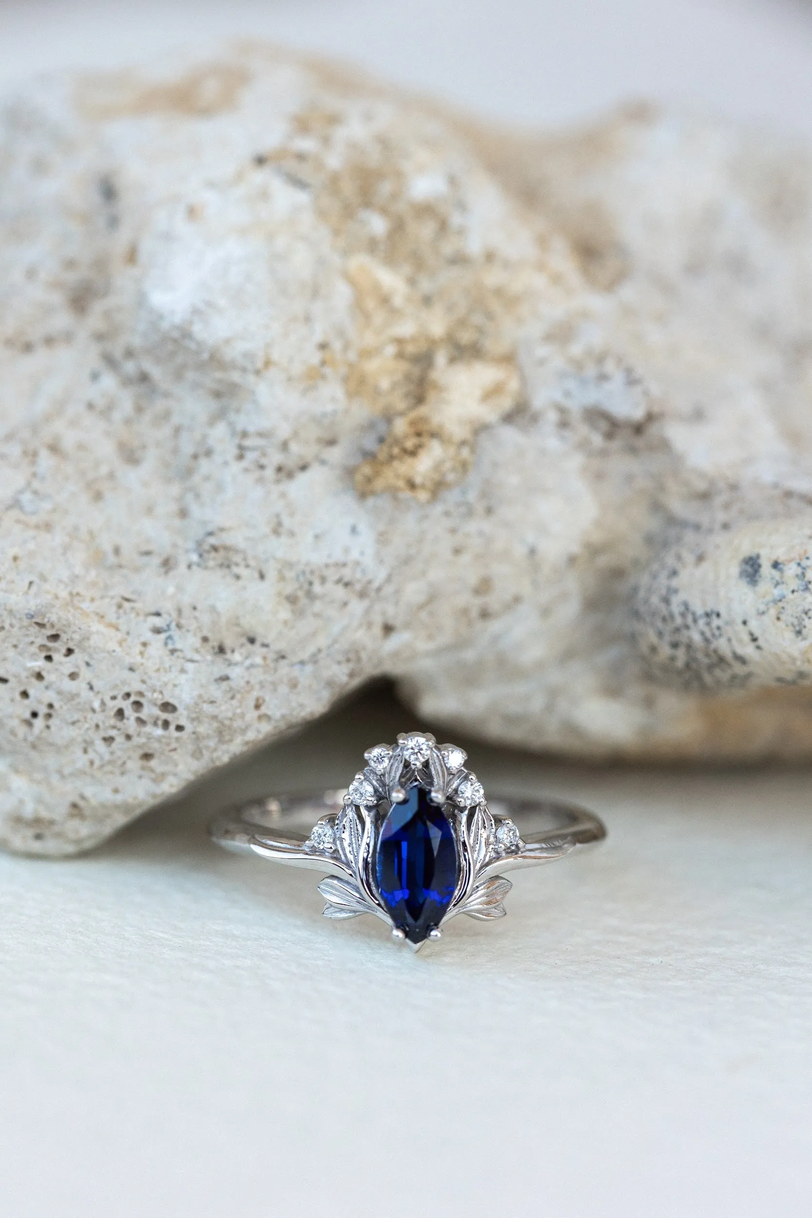 Lab blue sapphire engagement ring, iris flower gold ring with sapphire and diamonds / Iris