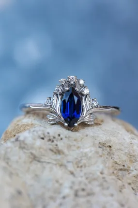 Lab blue sapphire engagement ring, iris flower gold ring with sapphire and diamonds / Iris