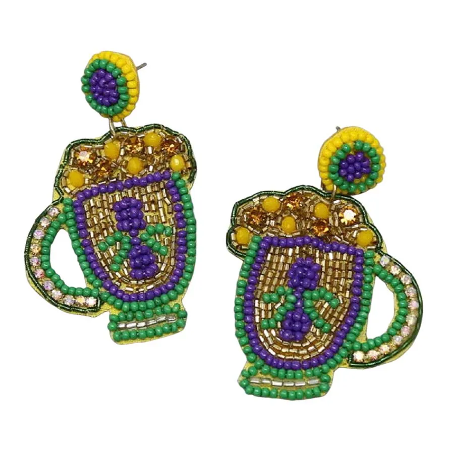 Mardi Gras Beer Mug Seed Beaded Earrings