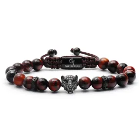 Men's RED TIGER EYE Bracelet With Black LEOPARD Head - One Size Fits All