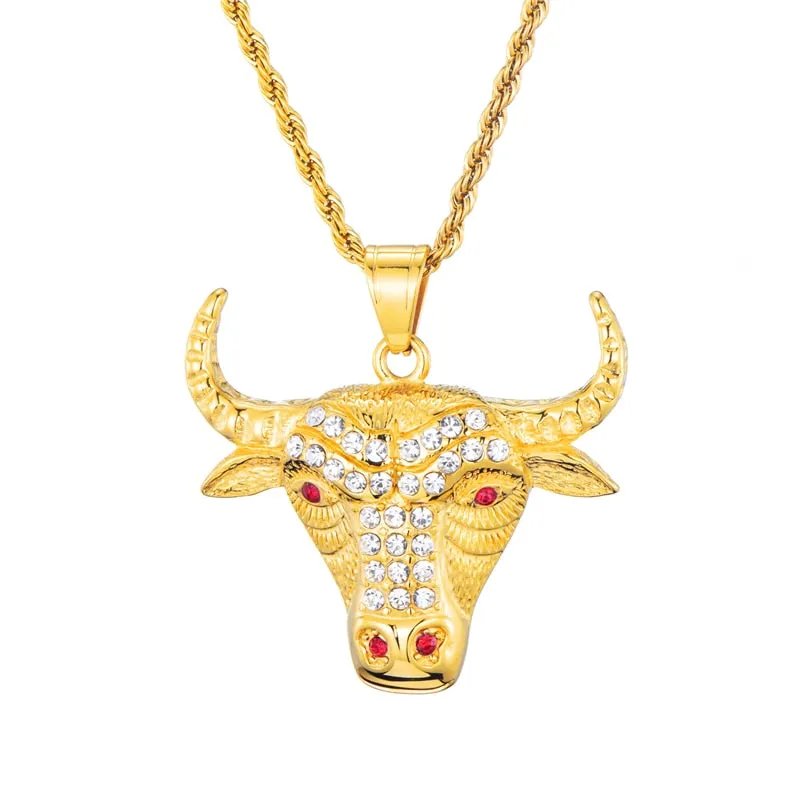 Micro Paved Rhinestone-Studded Gold-Plated Bull Head Bling 316L Stainless Steel Hip-hop Pendant Necklace