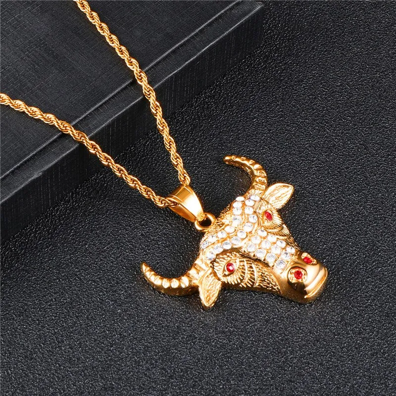 Micro Paved Rhinestone-Studded Gold-Plated Bull Head Bling 316L Stainless Steel Hip-hop Pendant Necklace