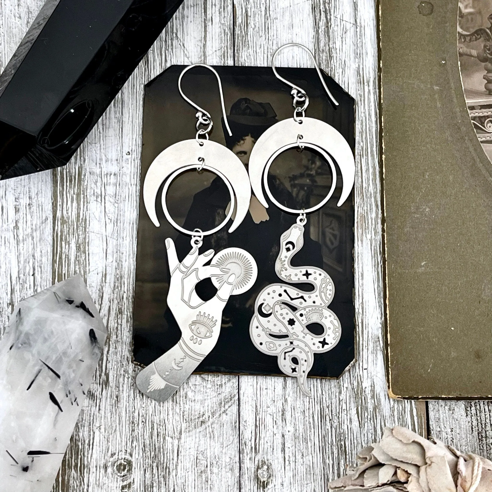 Mismatched Snake and Crescent Moon All Seeing Eye Hand Earrings Sterling Silver & Stainless Steel Earrings / Witchy Earrings  Gothic Jewelry