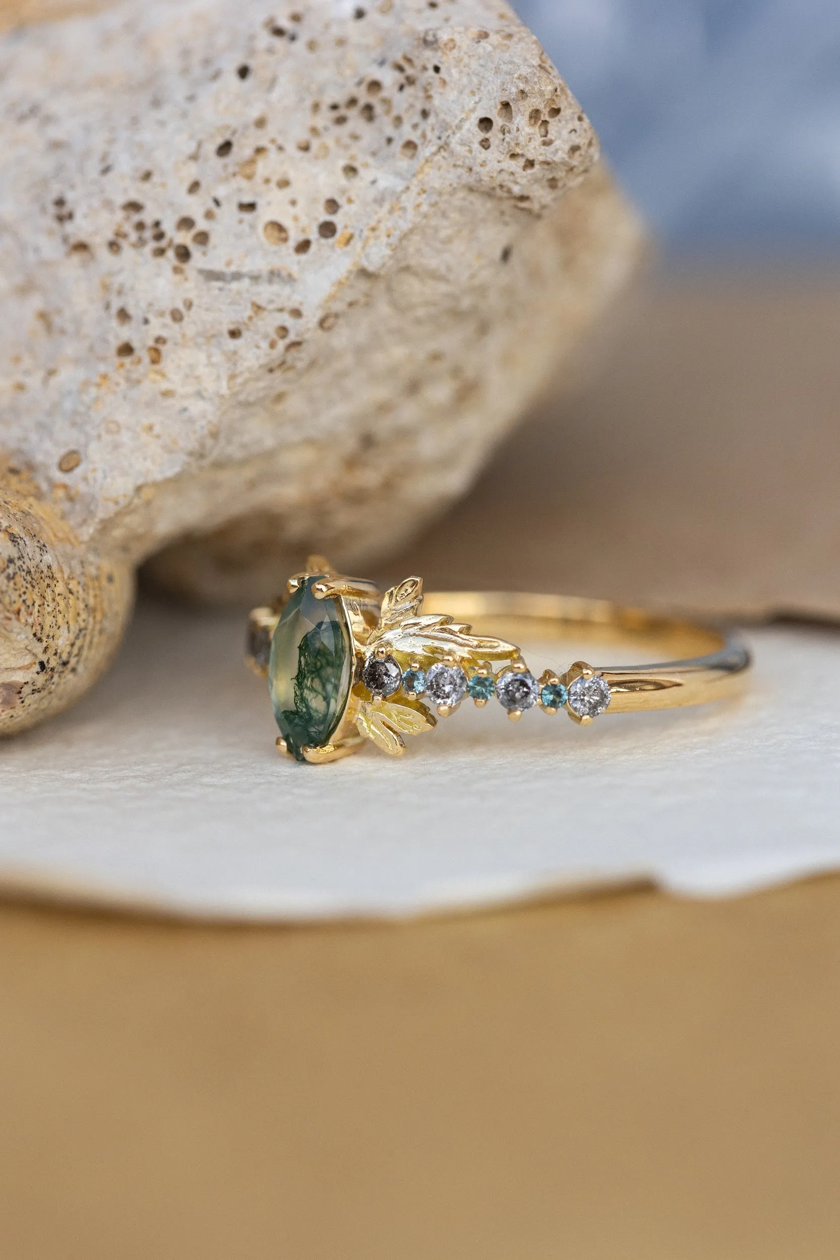 Moss agate and accents sapphires and diamonds engagement ring, nature inspired gold leaf ring / Verbena