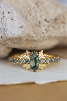 Moss agate and accents sapphires and diamonds engagement ring, nature inspired gold leaf ring / Verbena