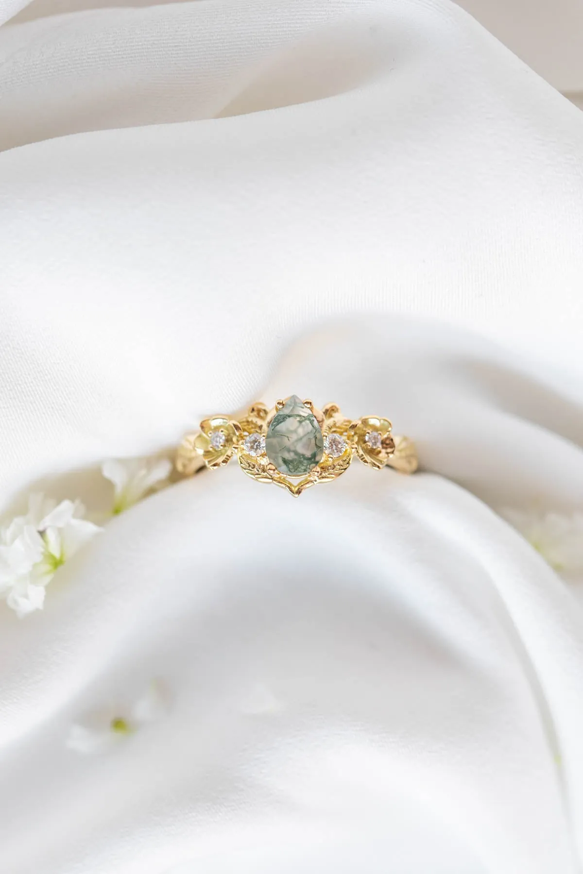 Moss agate and diamonds floral engagement ring / Adelina