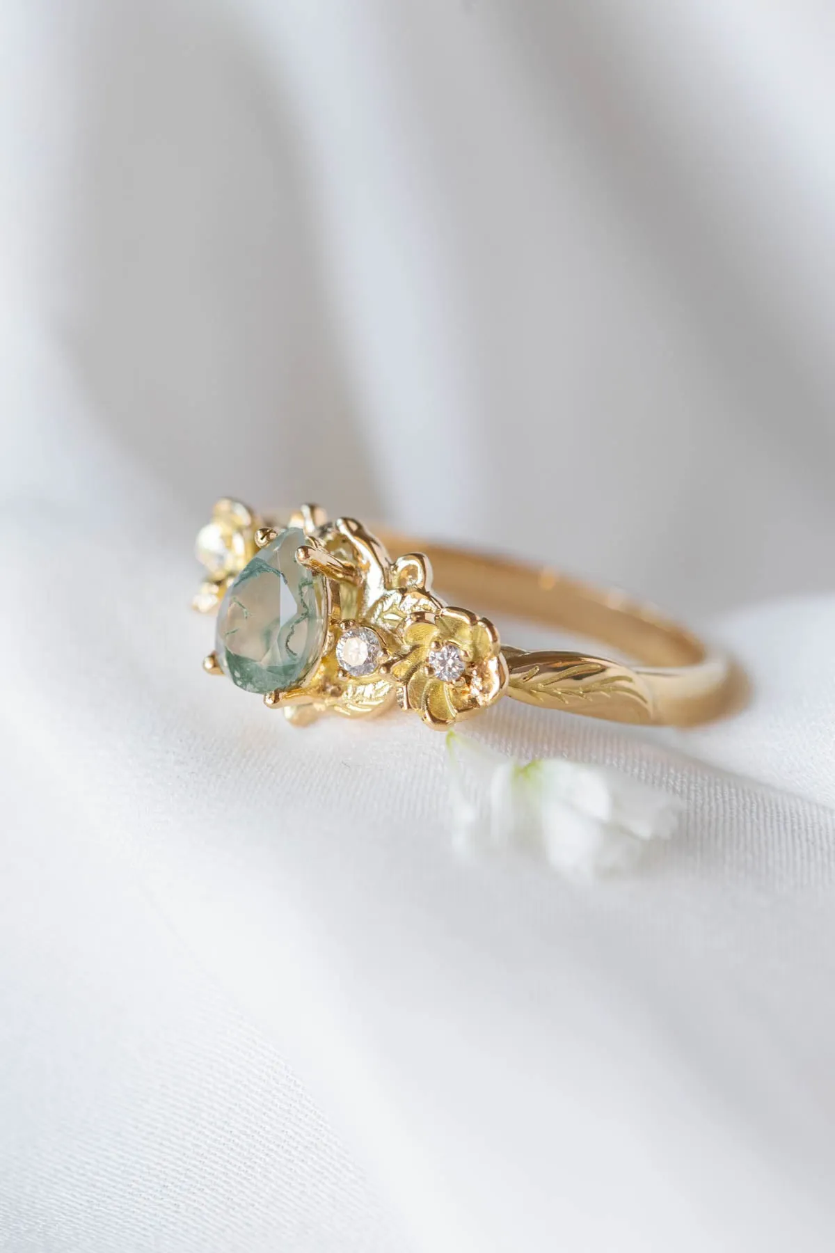 Moss agate and diamonds floral engagement ring / Adelina