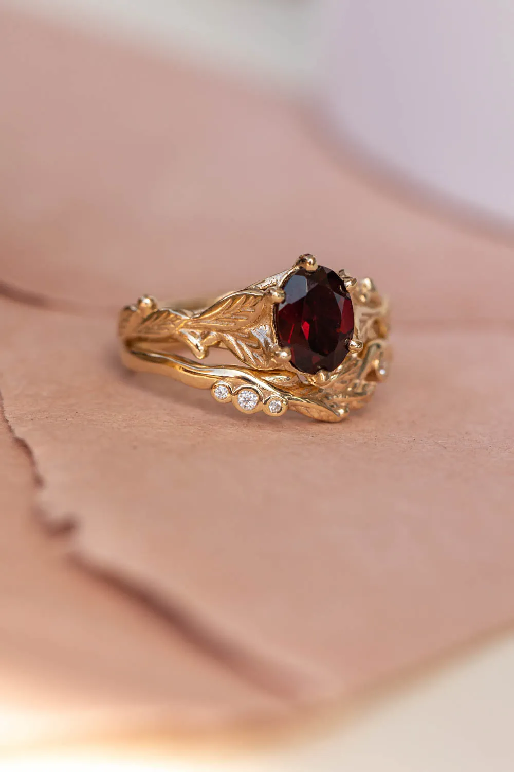 Natural garnet engagement ring, nature inspired gold engagement ring / Freesia