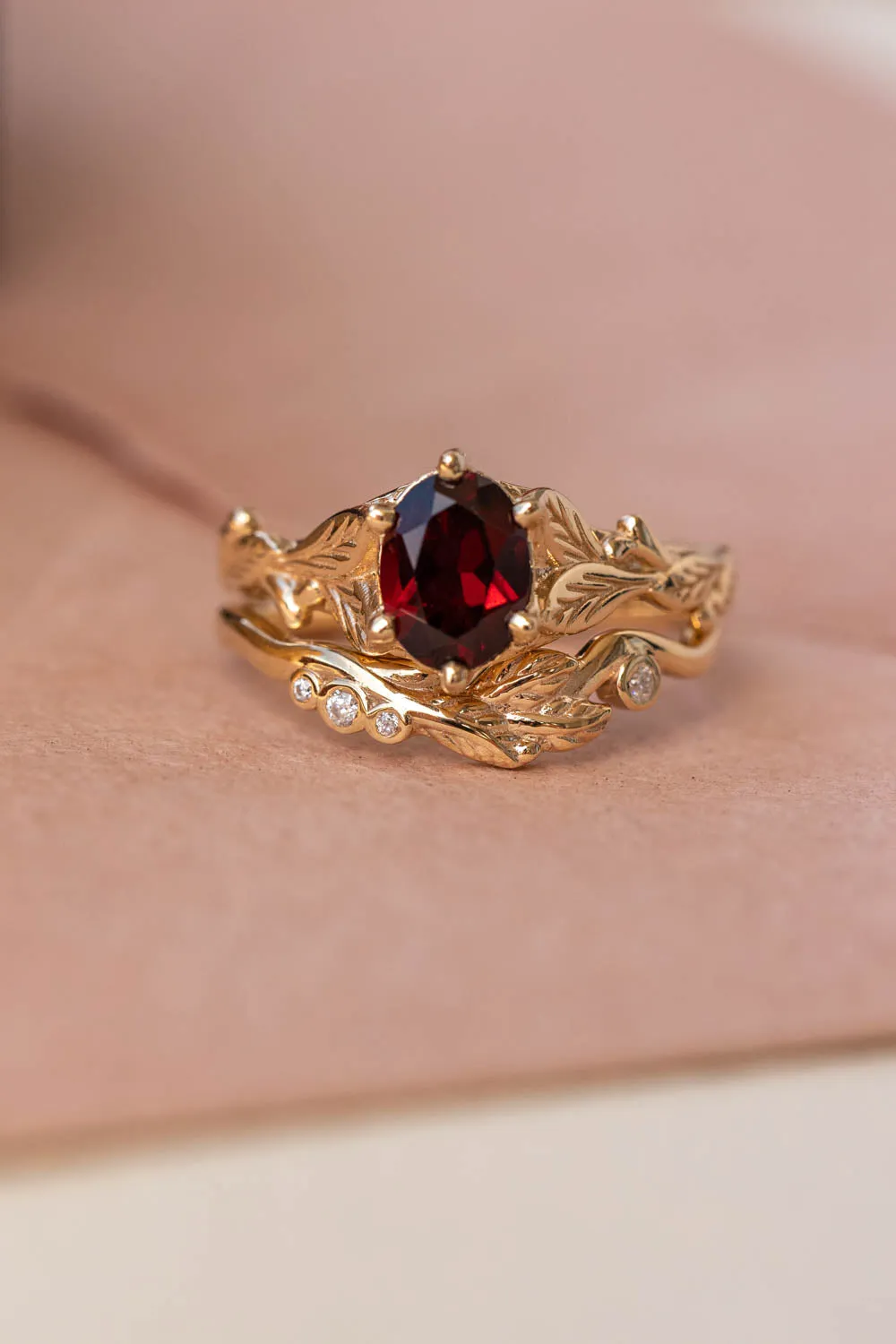 Natural garnet engagement ring, nature inspired gold engagement ring / Freesia